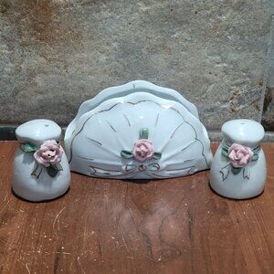 Vintage Ceramic Salt And Pepper Shaker Napkin Holder White Pink Rose